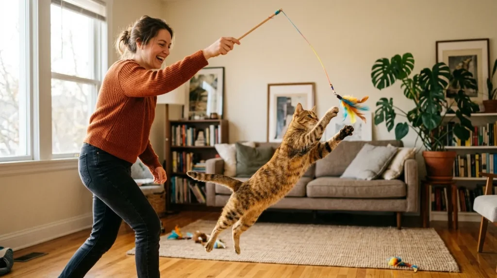 enrichment toys — a person using a feather wand toy to play with a cat in a living room