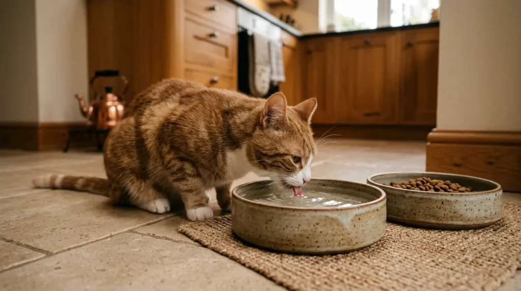 feline hydration — a cat drinking from a ceramic water bowl beside a food bowl in a kitchen