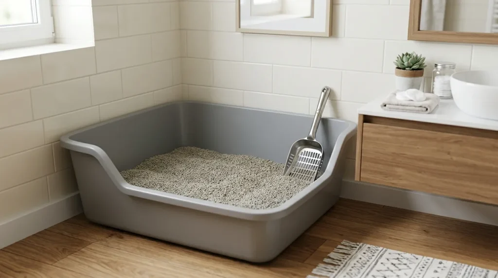 litter box setup — a large open-top litter box with a metal scoop placed in a clean apartment bathroom corner