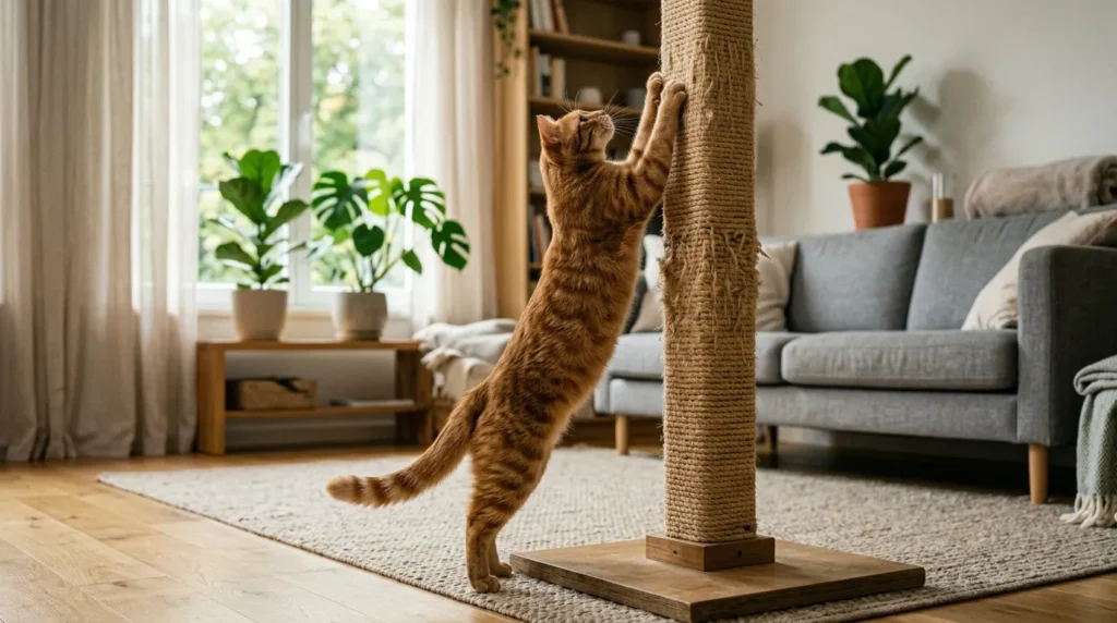 sisal scratching post — a tall stable sisal-wrapped post with a cat stretching its full body against it