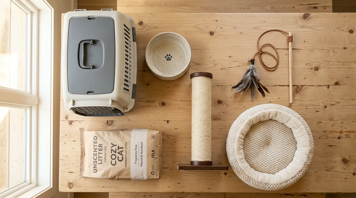 new cat owner checklist what to buy — a neatly arranged flat lay of essential cat supplies including a carrier, bowl, litter box and toys on a clean white surface
