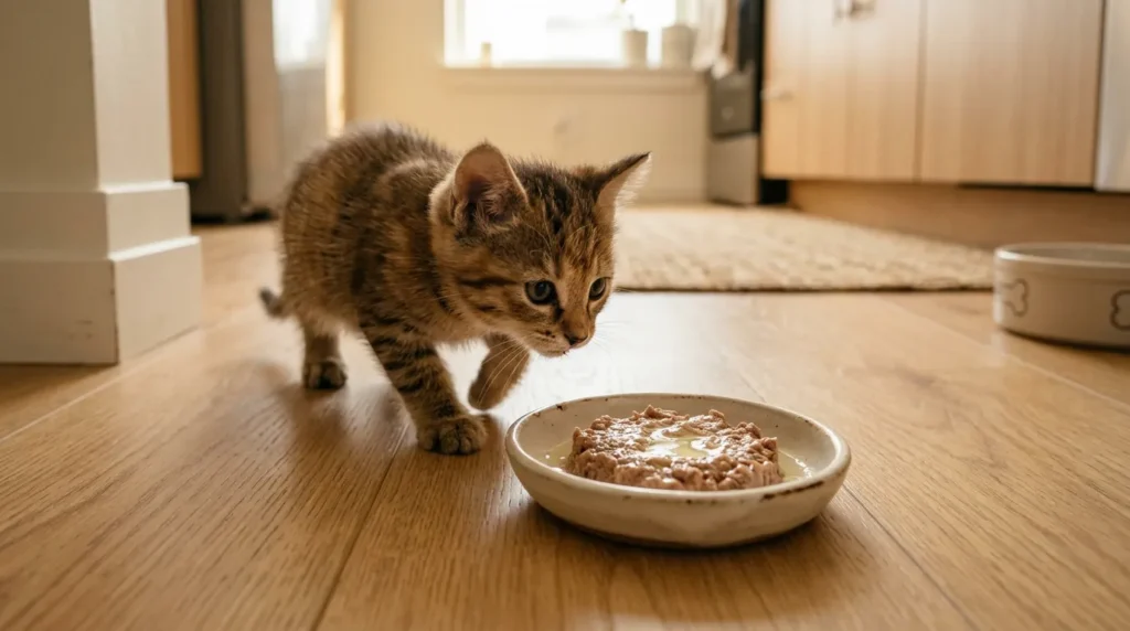kitten appetite booster — a small bowl of wet food with a drizzle of tuna water as a topper on a kitchen floor