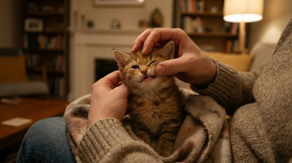 new kitten not eating what to do emergency — a person gently checking a kitten's gum color and alertness level