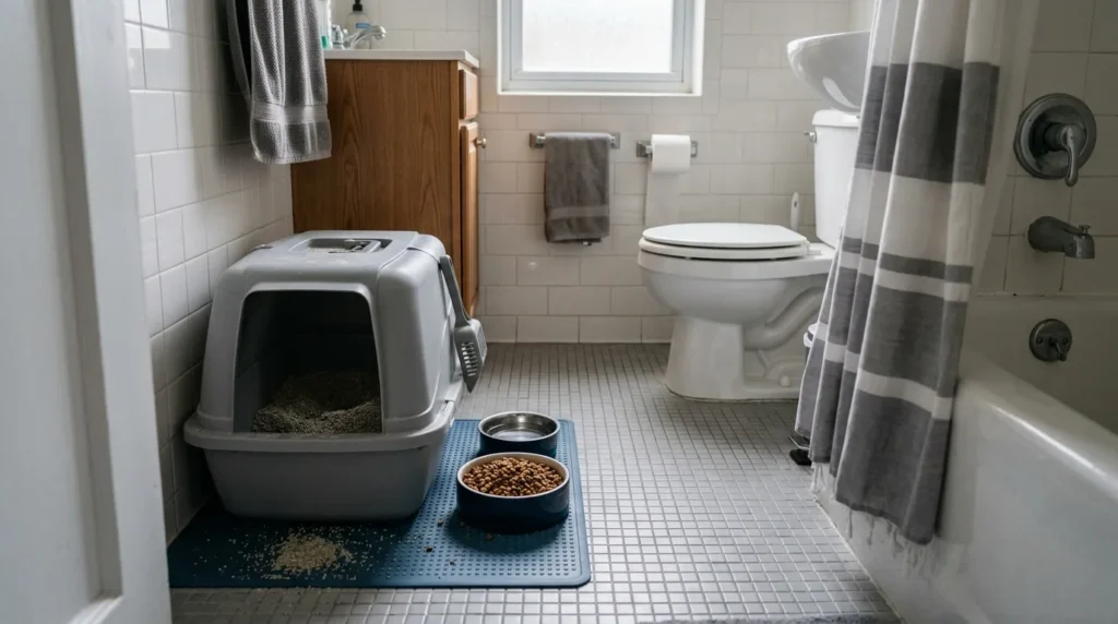 kitten feeding mistake — a food bowl placed directly next to a litter box in a small apartment bathroom