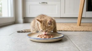 whisker fatigue bowl fix — a kitten eating comfortably from a flat wide plate instead of a deep bowl