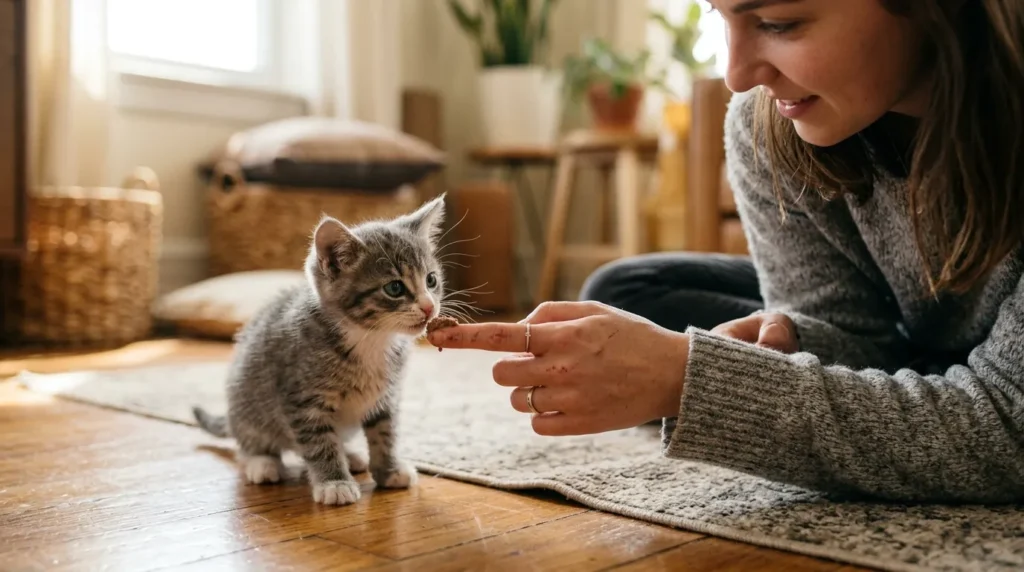 hand feeding kitten — a person offering a small amount of wet food on their fingertip to a cautious kitten