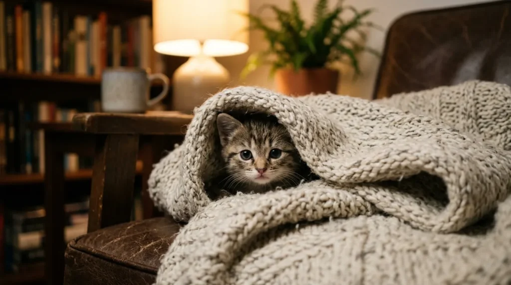 kitten rehoming stress — a small kitten hiding under a blanket in a corner of an apartment room