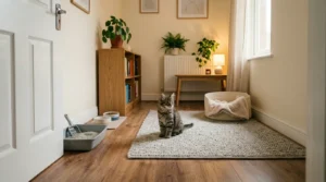 kitten safe room setup — a small quiet apartment room with a kitten bed, food bowl and litter box spread apart