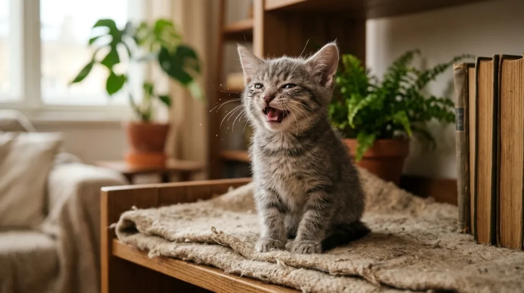 upper respiratory infection kitten — a small kitten sneezing with watery eyes in a warm apartment setting