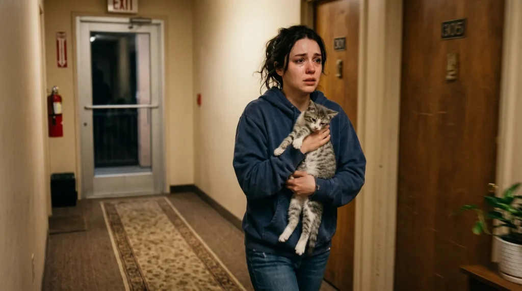  kitten health warning — a limp kitten being held carefully by a concerned person on the way to a vet