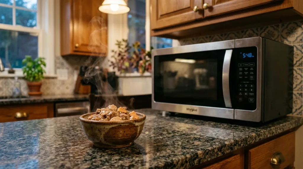 warming kitten food — a small bowl of wet cat food being warmed in a microwave with steam rising