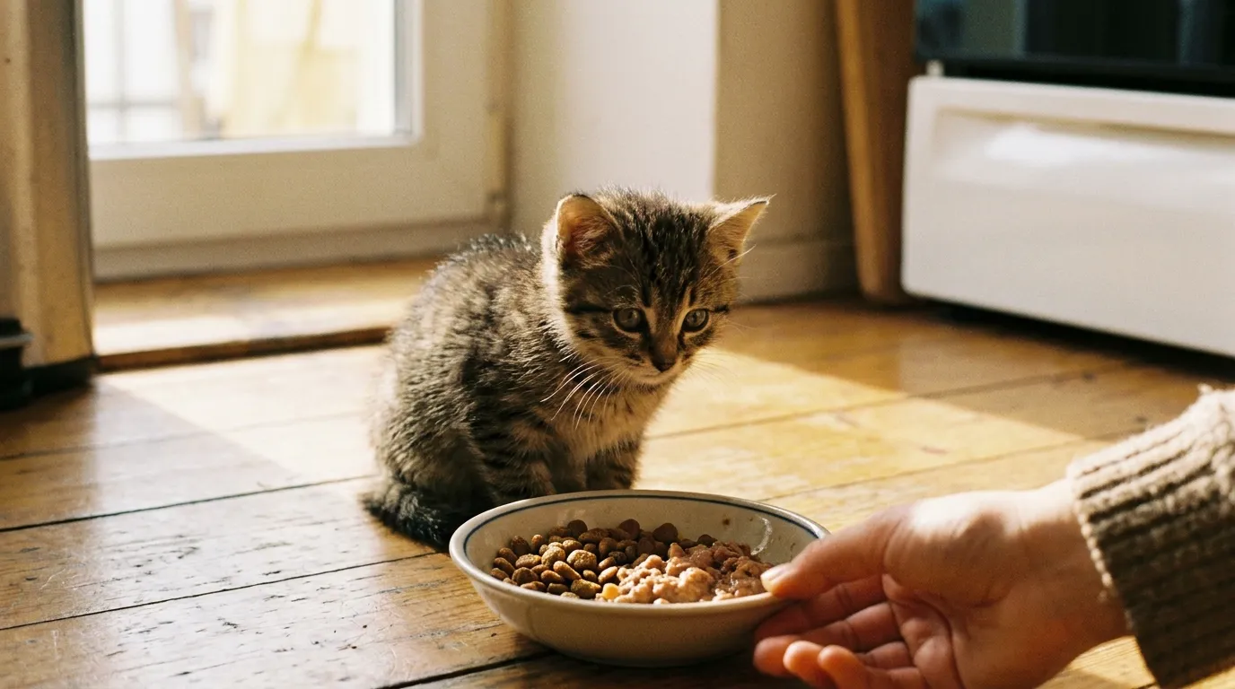 new kitten not eating what to do — a small kitten sitting beside a full food bowl looking away with a worried owner nearby