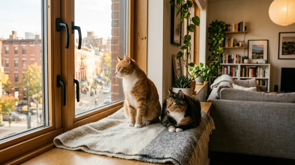should I get one cat or two for apartment — two cats sitting together on a window perch in a bright modern apartment looking outside
