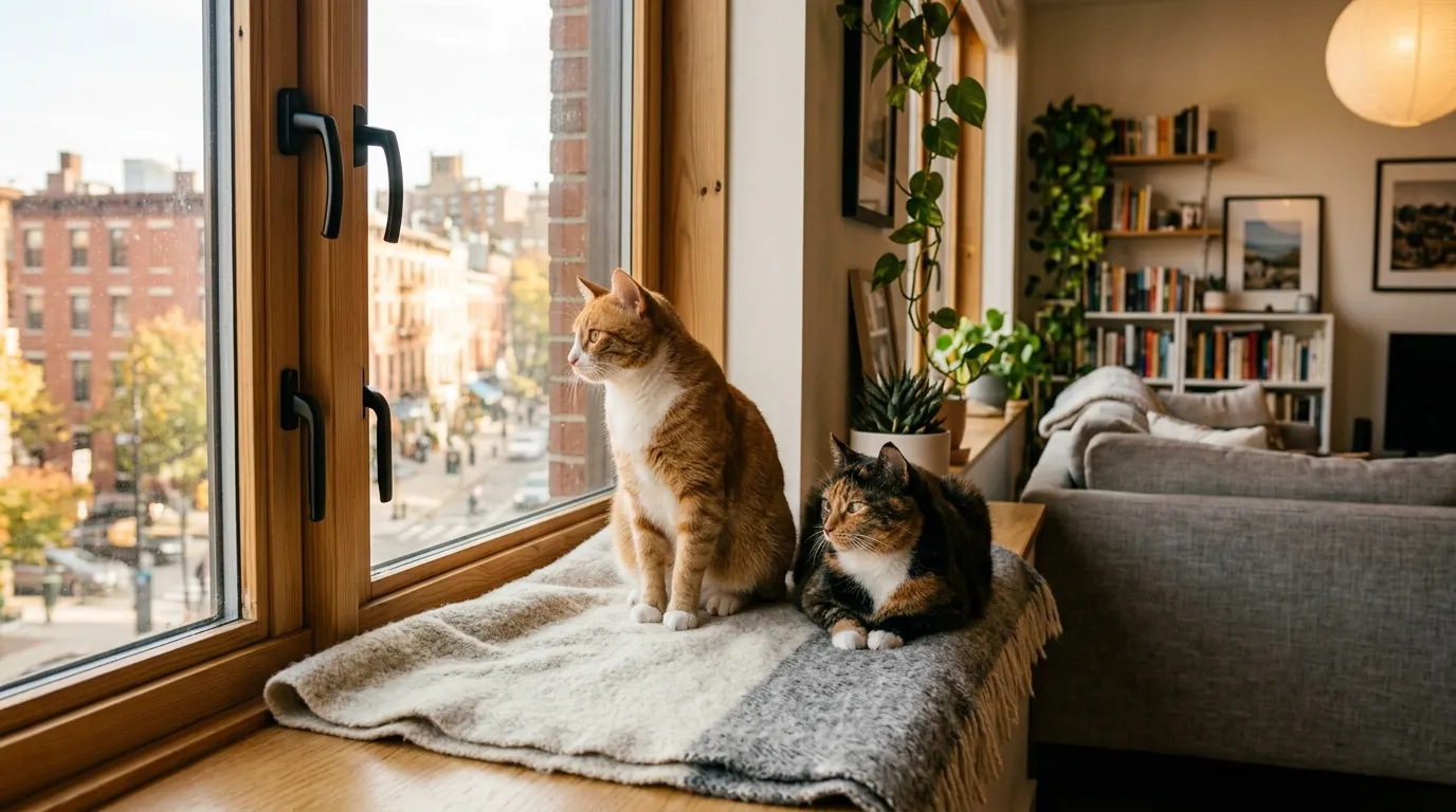 should I get one cat or two for apartment — two cats sitting together on a window perch in a bright modern apartment looking outside