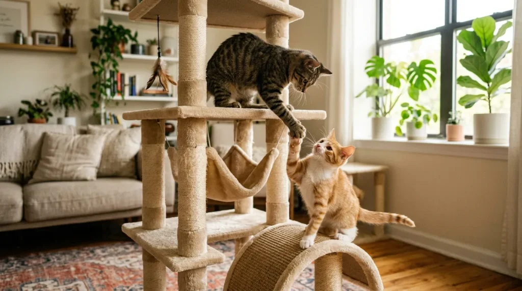 two cats apartment benefits — two young cats playing together on a cat tree in a modern apartment living room