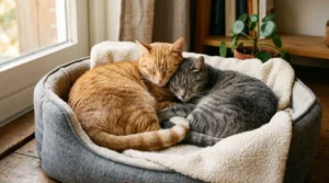 bonded pair adoption — two cats from a shelter sleeping curled together showing their established bond
