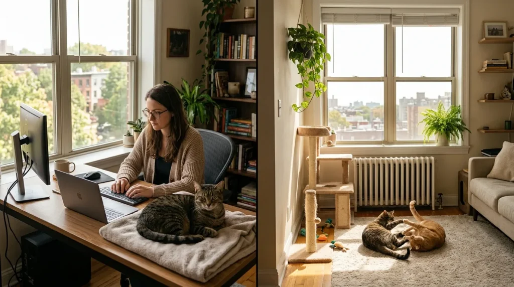 one cat or two apartment comparison — a side by side showing a couple with two cats and a single person with one cat in apartment settings