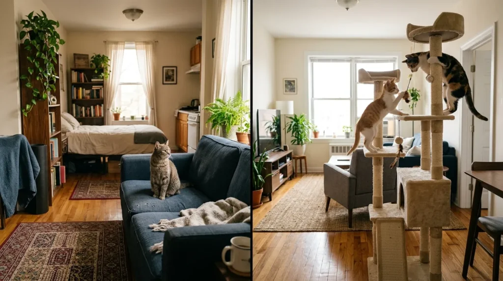 should I get one cat or two for apartment — a decision matrix showing lifestyle factors for one cat versus two cats in a small space
