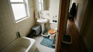 litter box math two cats — three litter boxes arranged in a small apartment bathroom and hallway