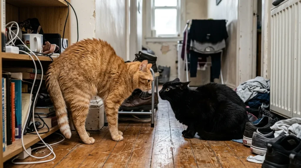 one cat or two apartment mistake — a person introducing a second cat to a resident cat in a tiny studio apartment with no separation space