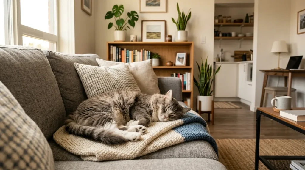 one cat apartment advantages — a calm senior cat resting alone on a sofa in a tidy studio apartment 