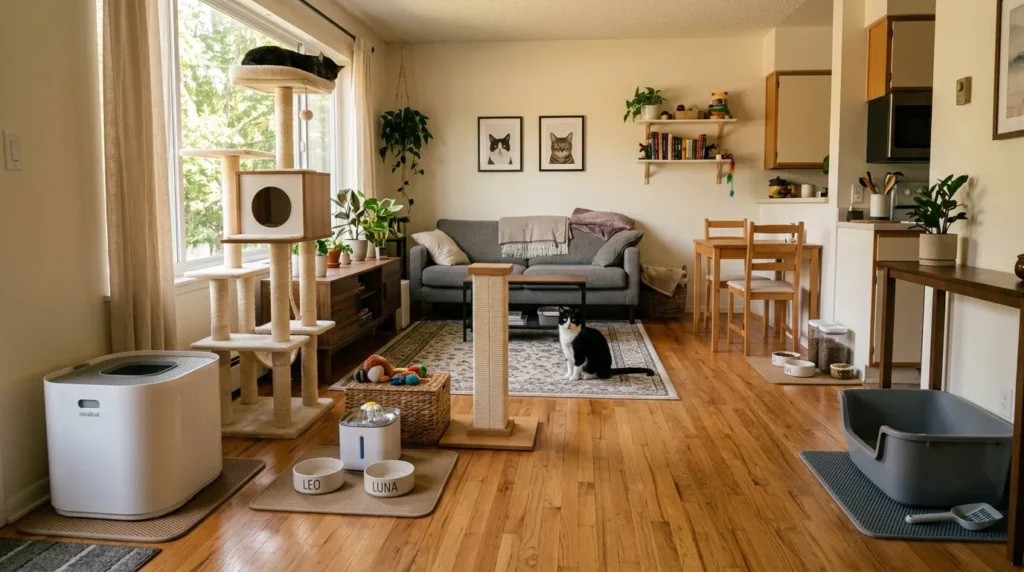 multi cat apartment space planning — a diagram showing cat tree placement and litter box locations in a one-bedroom apartment layout