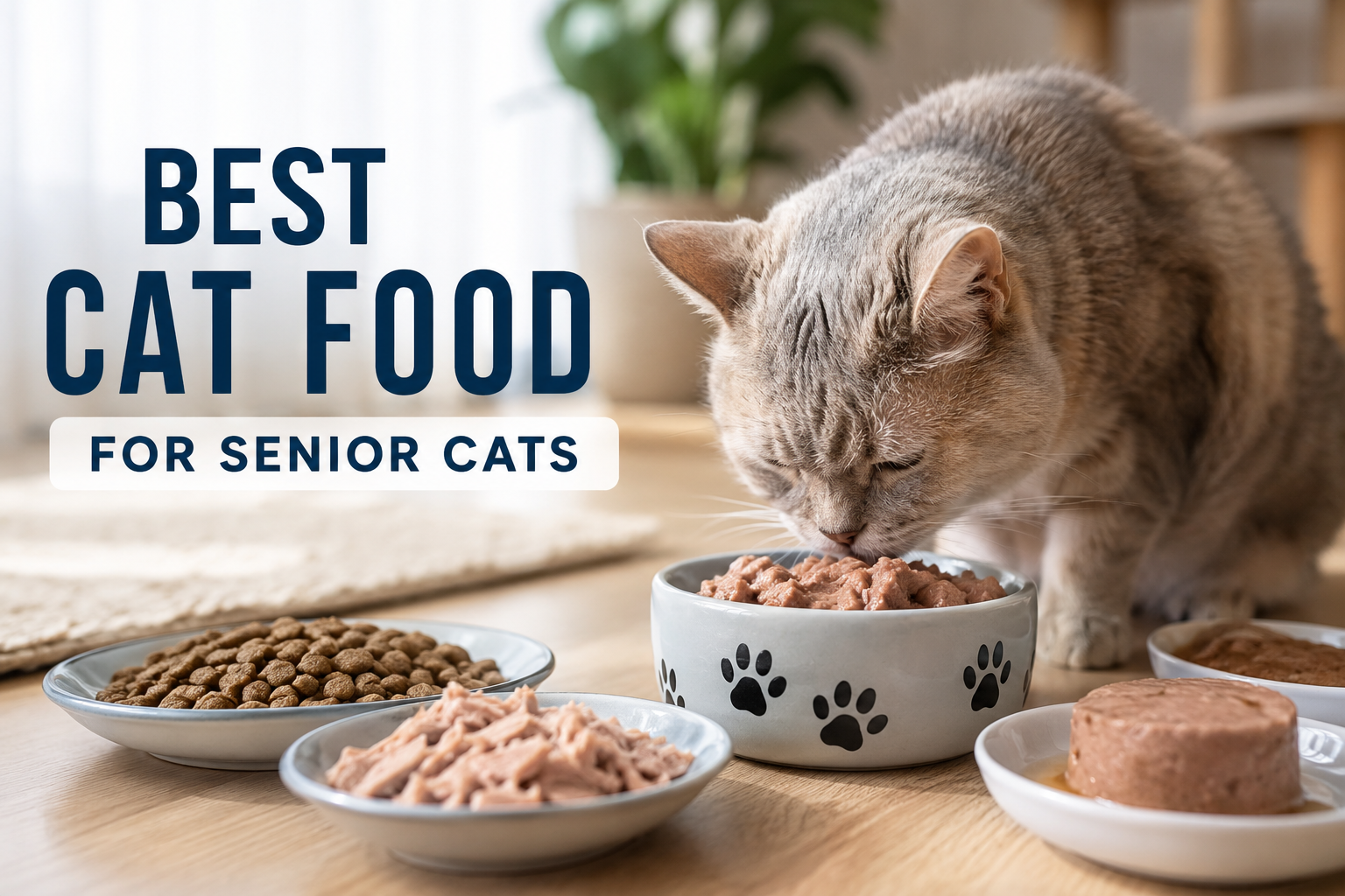 Cat Food for Senior Cats featured image showing an older indoor cat eating wet food beside bowls of premium cat food.