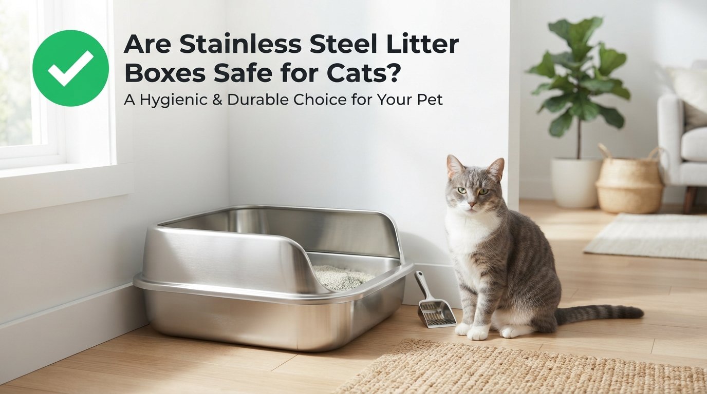 Are Stainless Steel Litter Boxes Safe for Cats? showing a stainless steel litter box beside an indoor cat.