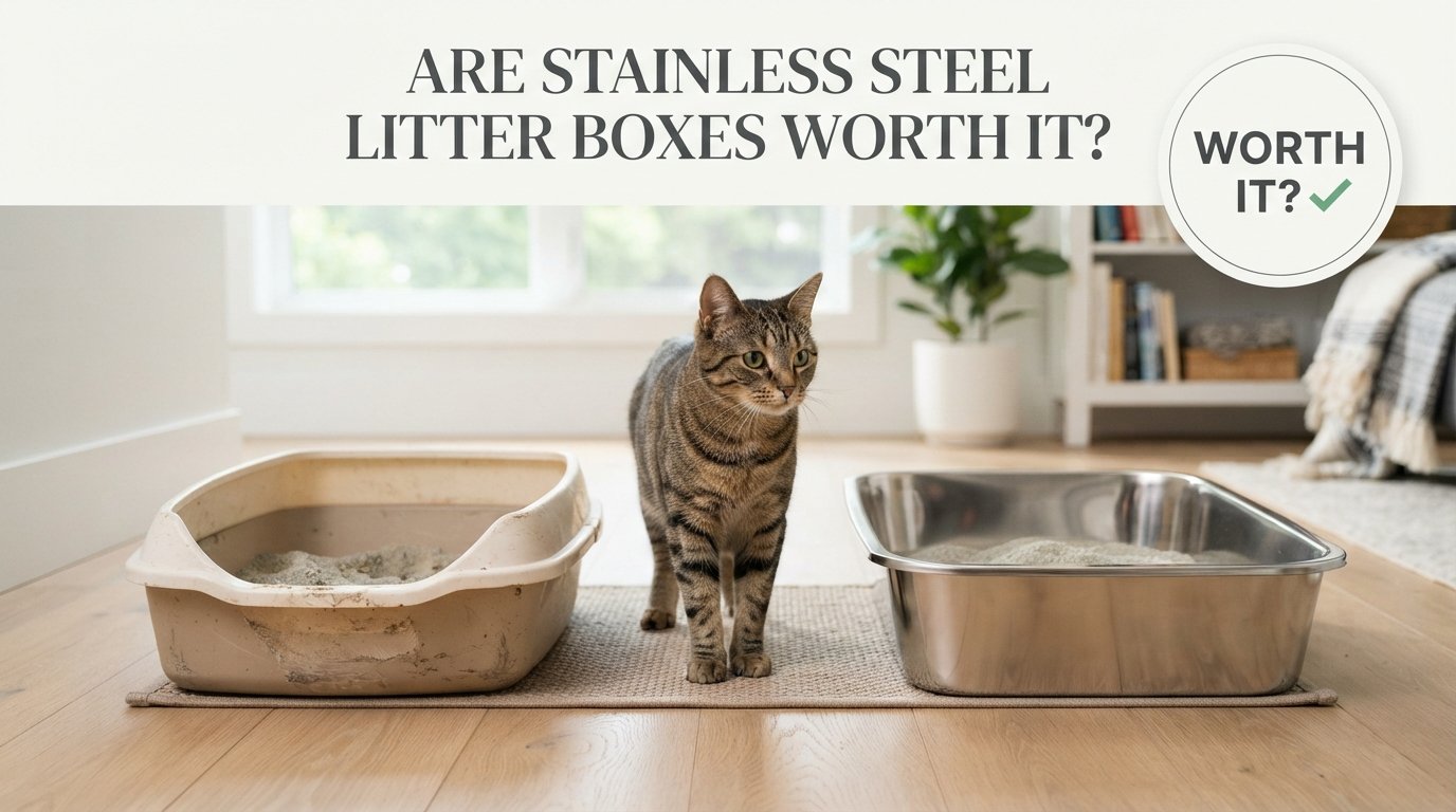 Are Stainless Steel Litter Boxes Worth It? comparison showing a durable stainless steel litter box beside a plastic litter box.