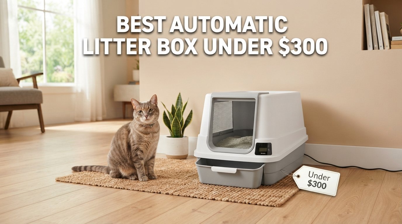 Best automatic litter box under $300 featuring an affordable self-cleaning litter box and a healthy indoor cat in a modern home.