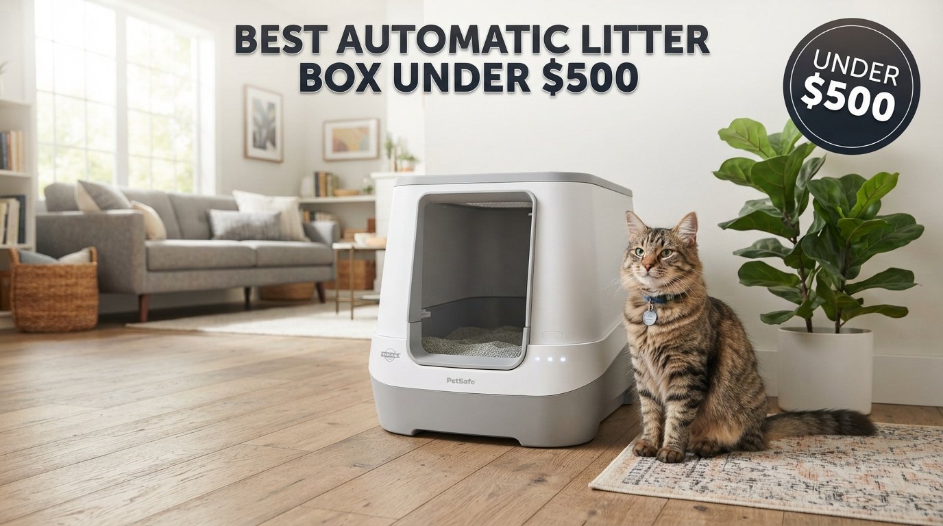 Best automatic litter box under $500 featuring a premium self-cleaning litter box and a healthy indoor cat in a modern home.