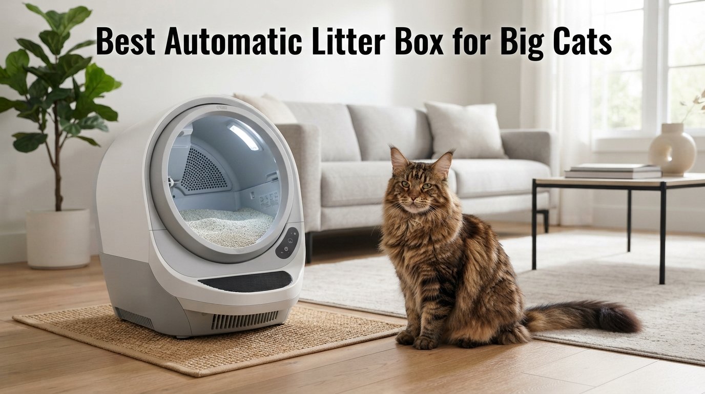 Best automatic litter box for big cats featuring a spacious self-cleaning litter box and a large fluffy cat in a stylish home.
