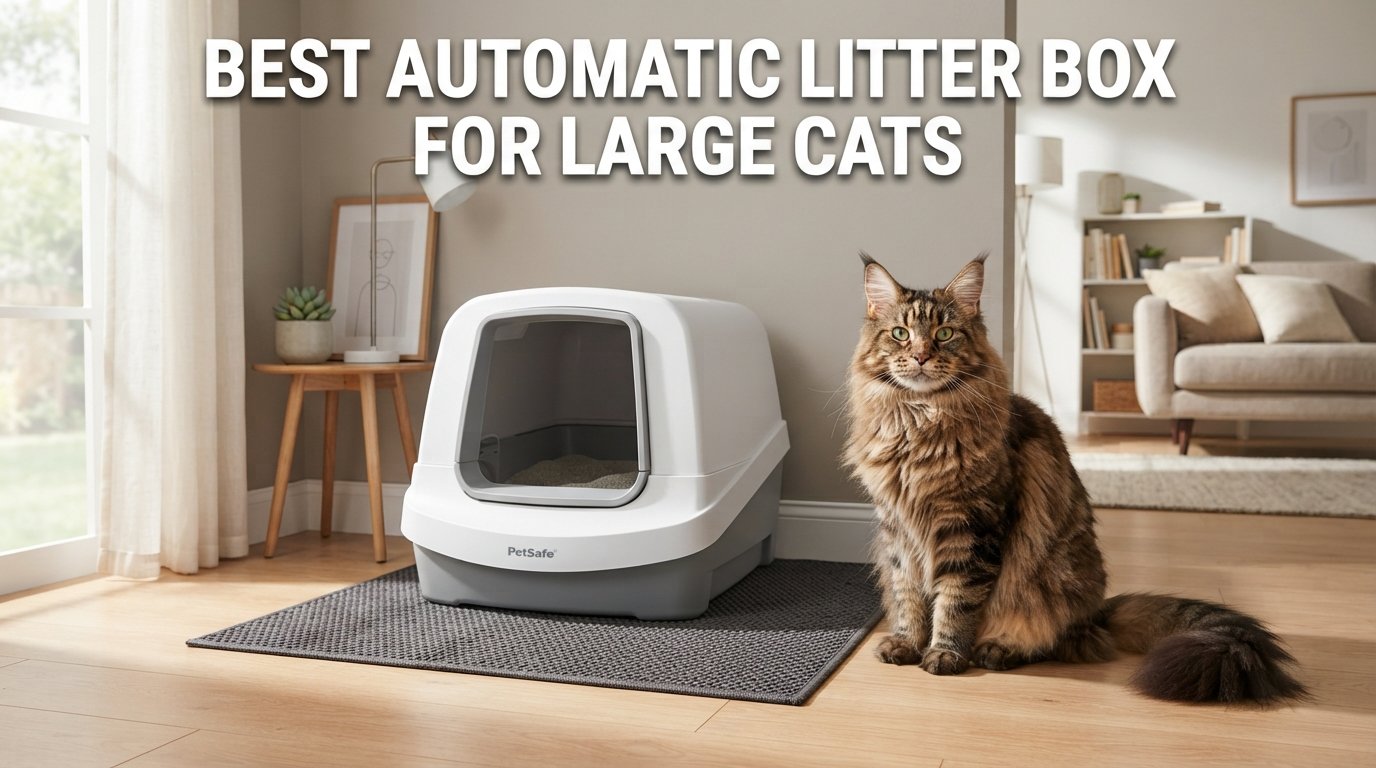 Best automatic litter box for large cats featuring a spacious self-cleaning litter box and a large fluffy cat in a stylish home.