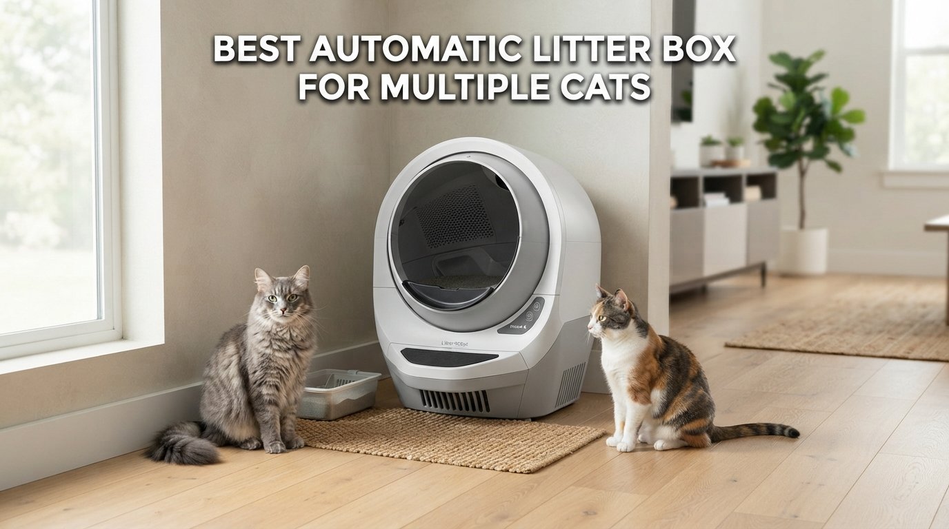 Best automatic litter box for multiple cats featuring a self-cleaning litter box and two healthy indoor cats in a stylish home.