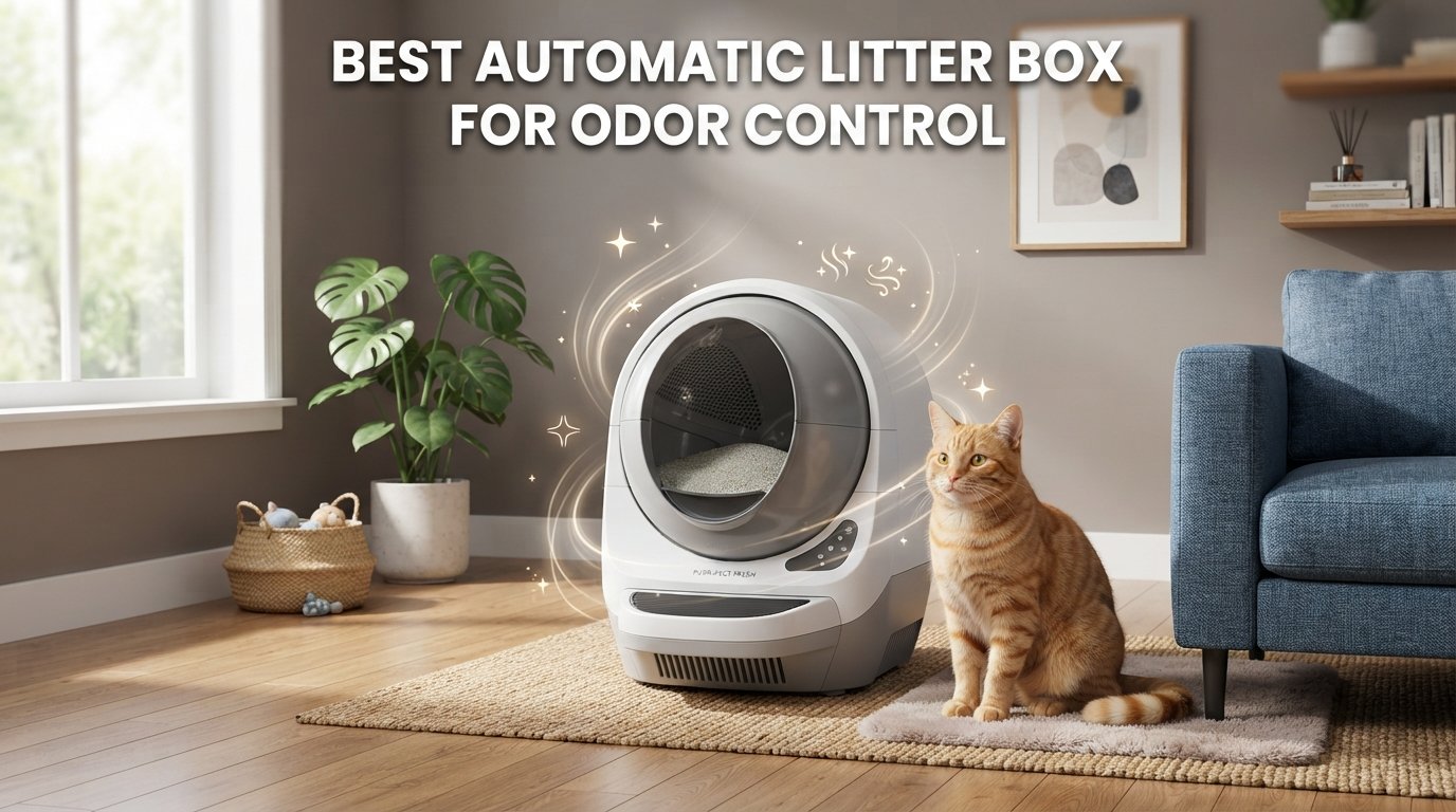 Best automatic litter box for odor control featuring a self-cleaning litter box and a healthy indoor cat in a fresh, clean home.