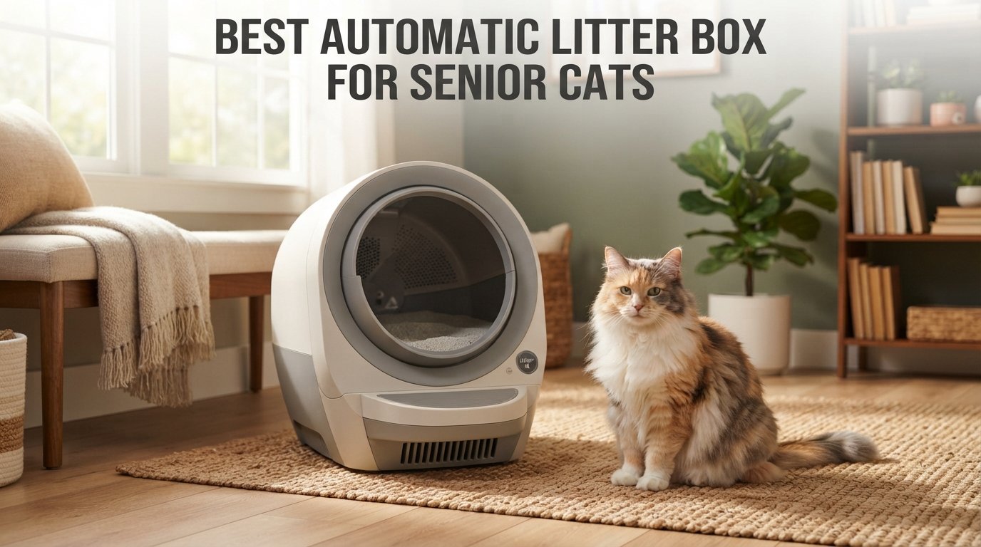 Best automatic litter box for senior cats featuring a low-entry self-cleaning litter box and an older indoor cat in a comfortable home.