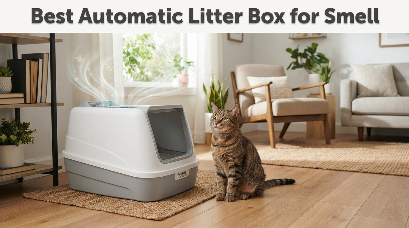 Best automatic litter box for smell featuring a self-cleaning litter box and a healthy indoor cat in a fresh, clean home.