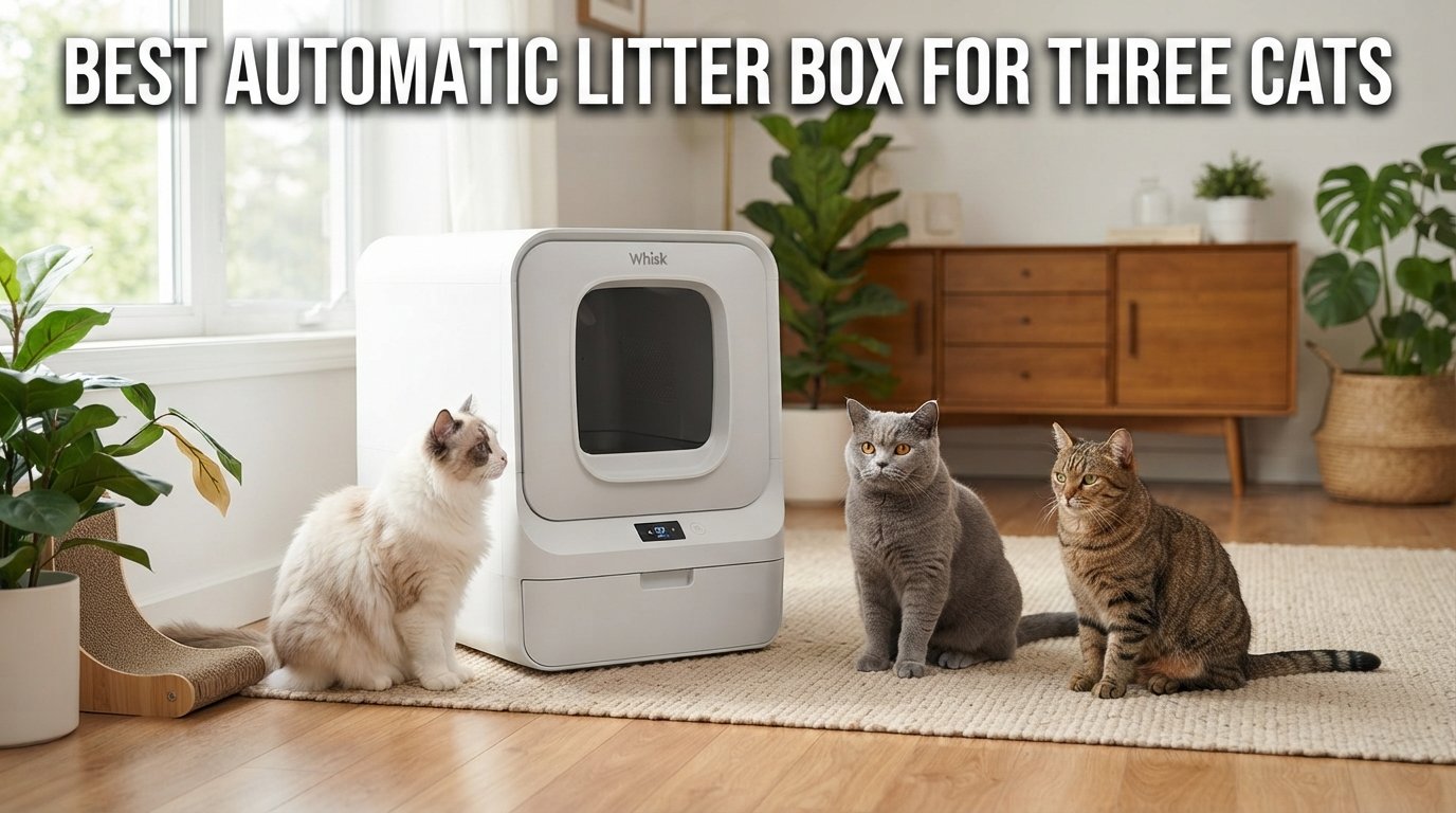 Best automatic litter box for three cats featuring a spacious self-cleaning litter box and three healthy indoor cats in a modern home.