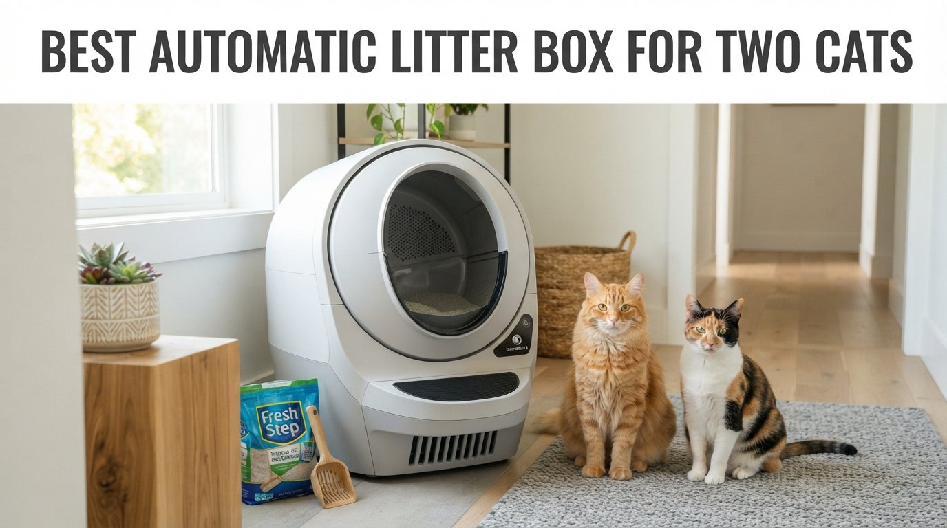 Best automatic litter box for two cats featuring a spacious self-cleaning litter box and two healthy indoor cats in a modern home.