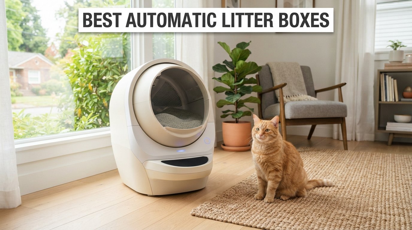 Best automatic litter boxes featuring a modern self-cleaning litter box and a healthy indoor cat in a stylish home.