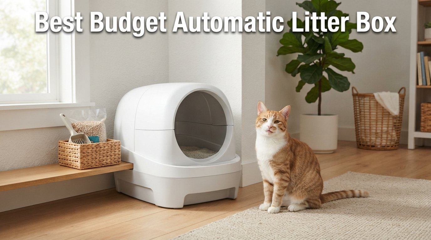 Best budget automatic litter box featuring an affordable self-cleaning litter box and a healthy indoor cat in a modern home.