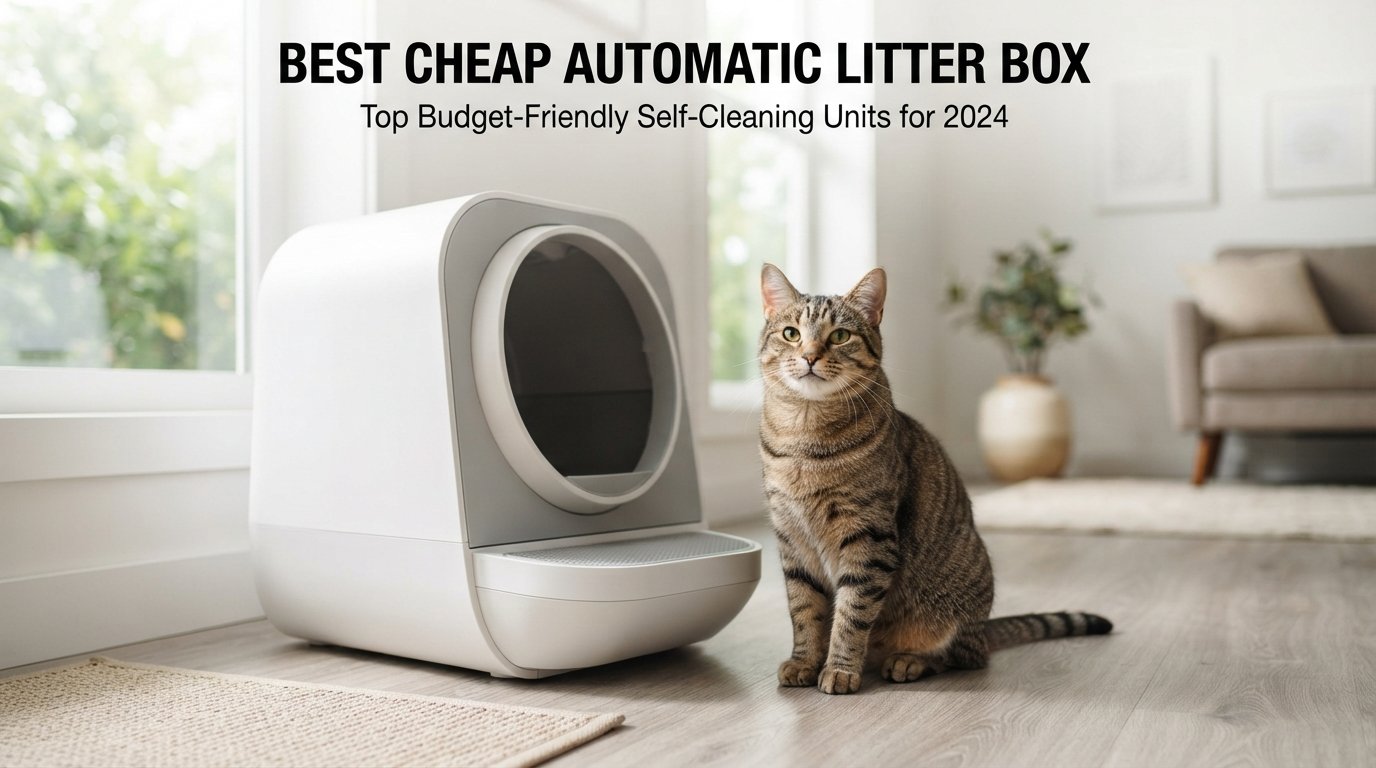 Best cheap automatic litter box featuring an affordable self-cleaning litter box and a healthy indoor cat in a modern home.