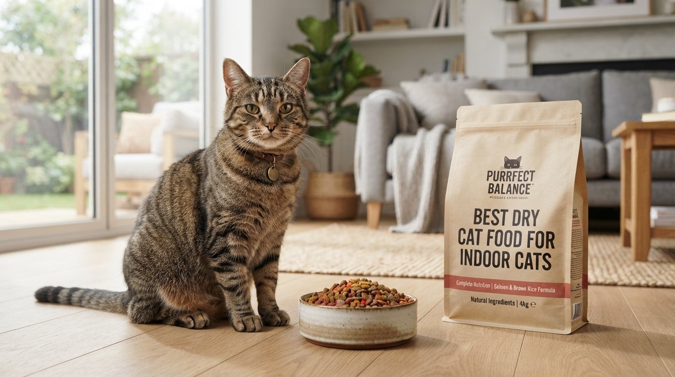 Best dry cat food for indoor cats displayed with a healthy indoor tabby cat and premium kibble in a modern living room.