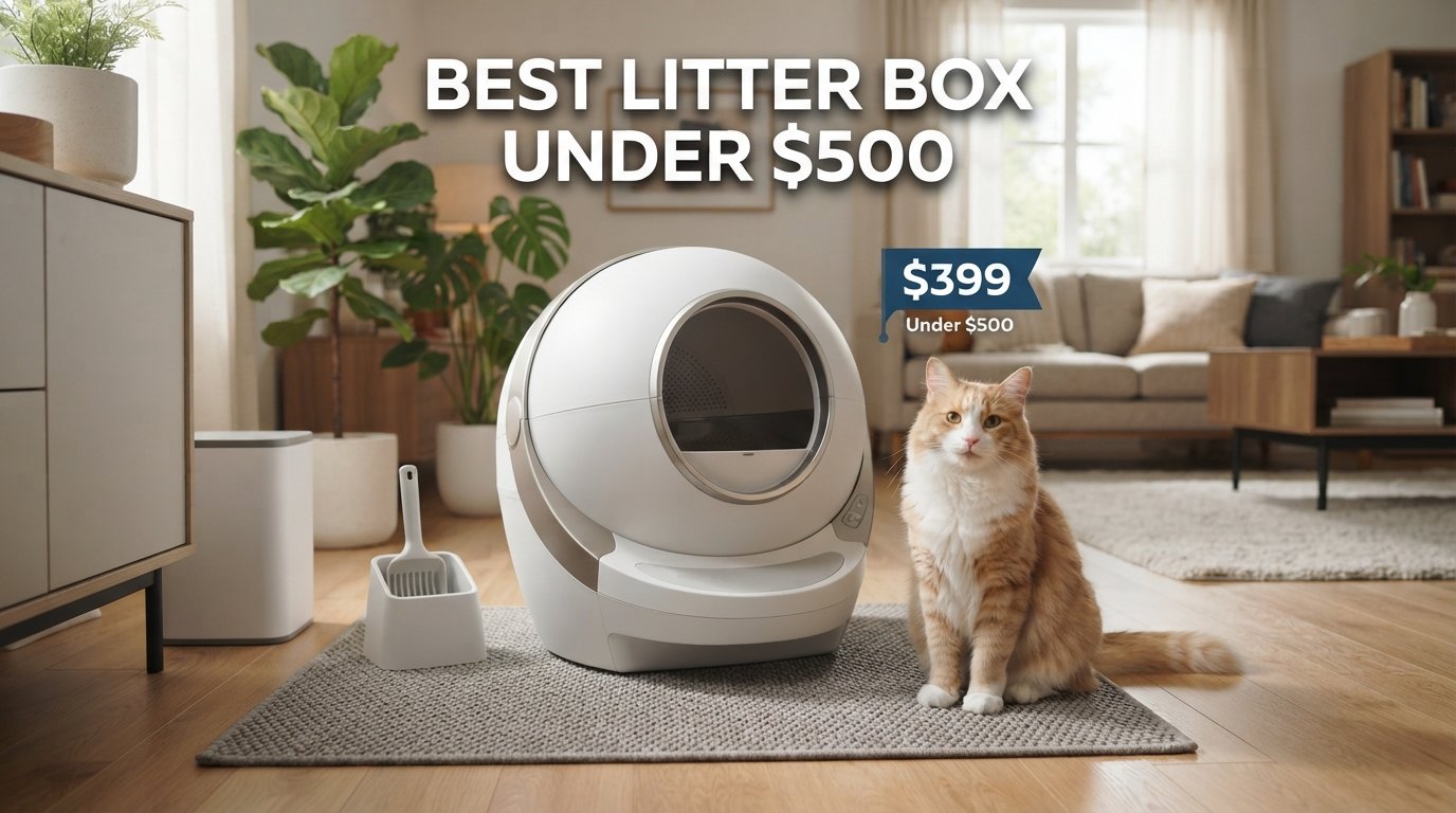 Best litter box under $500 featuring a premium litter box and a healthy indoor cat in a modern home.