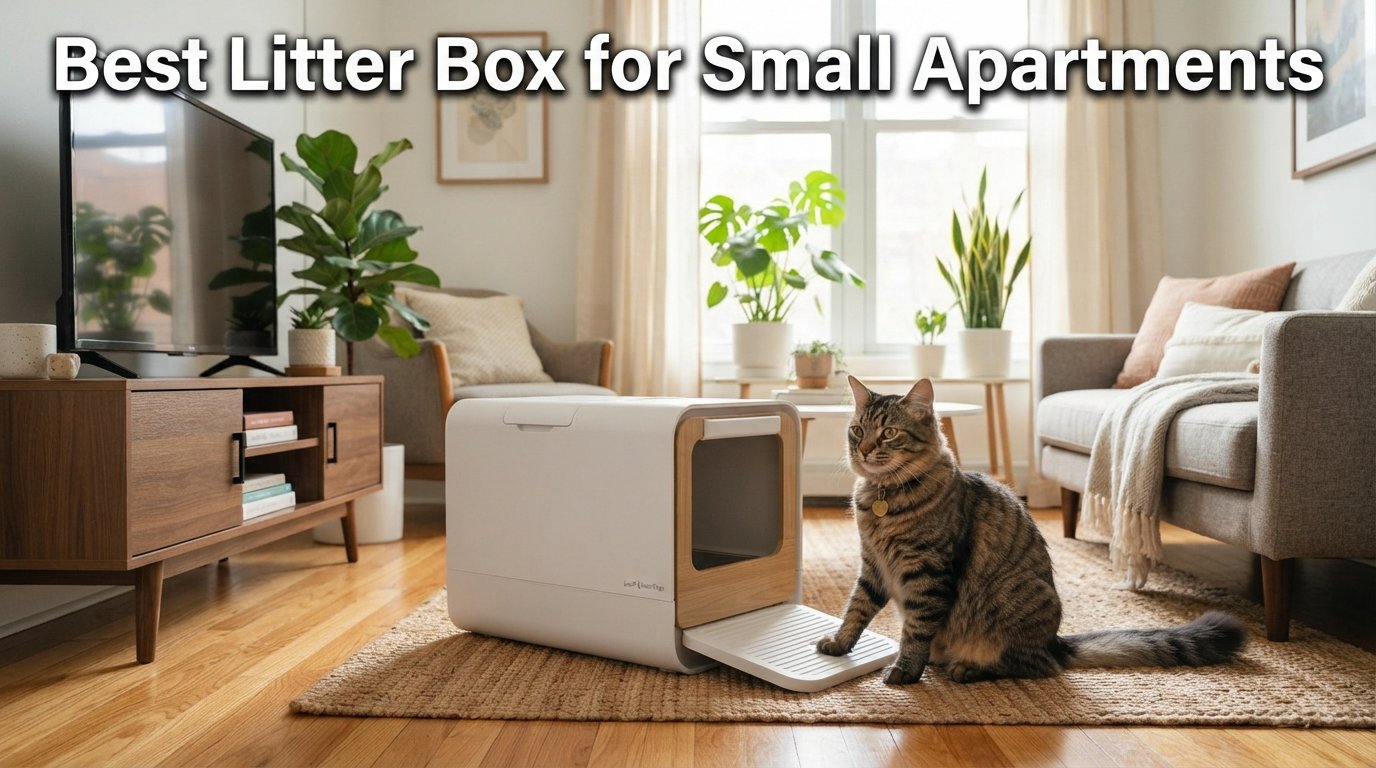 Best litter box for small apartments featuring a compact litter box and a healthy indoor cat in a cozy apartment.
