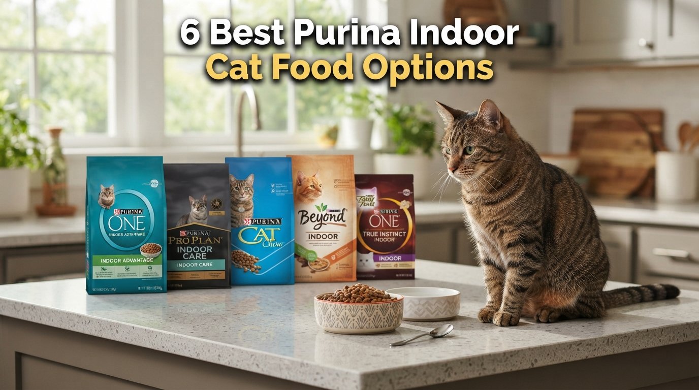 6 best Purina indoor cat food options displayed with a healthy indoor tabby cat and premium dry cat food bags in a modern kitchen.