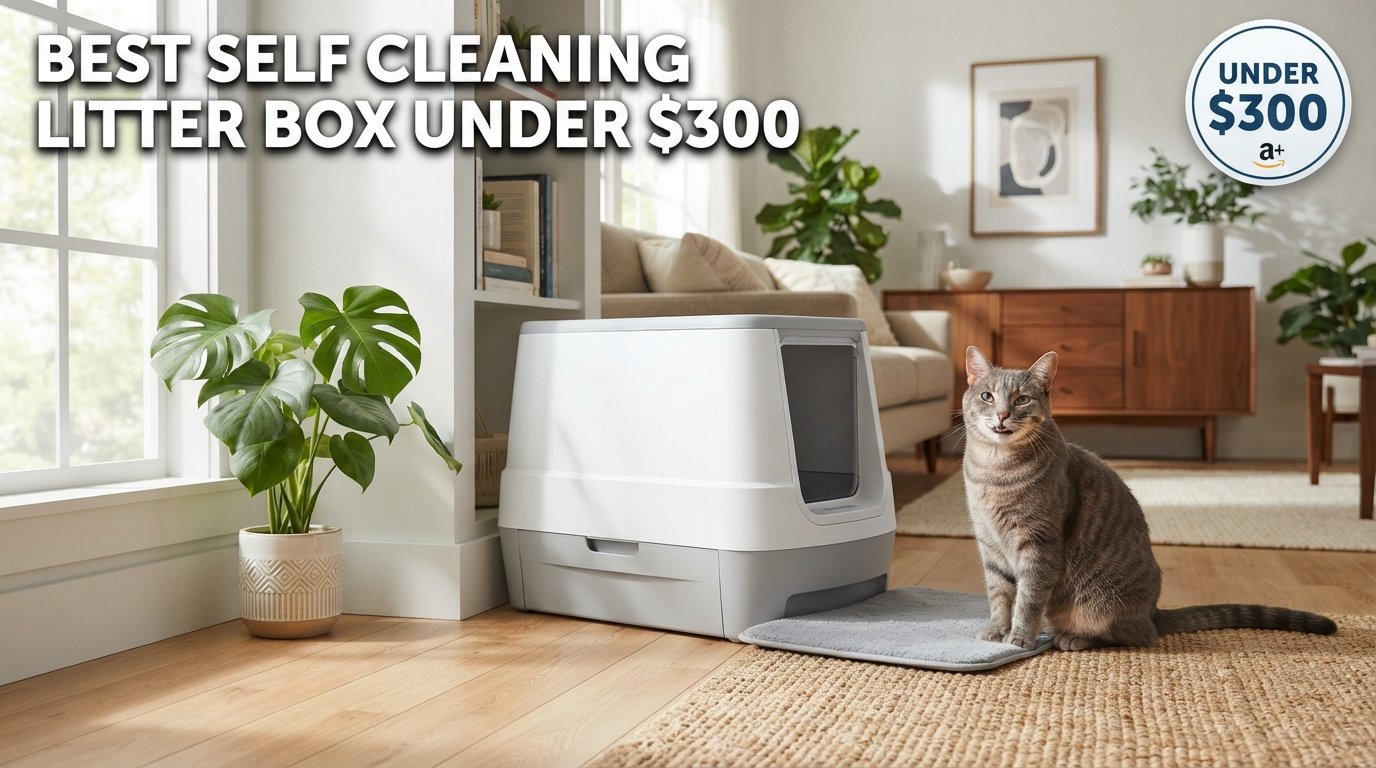 Best self cleaning litter box under $300 featuring an affordable automatic litter box and a healthy indoor cat in a modern home.