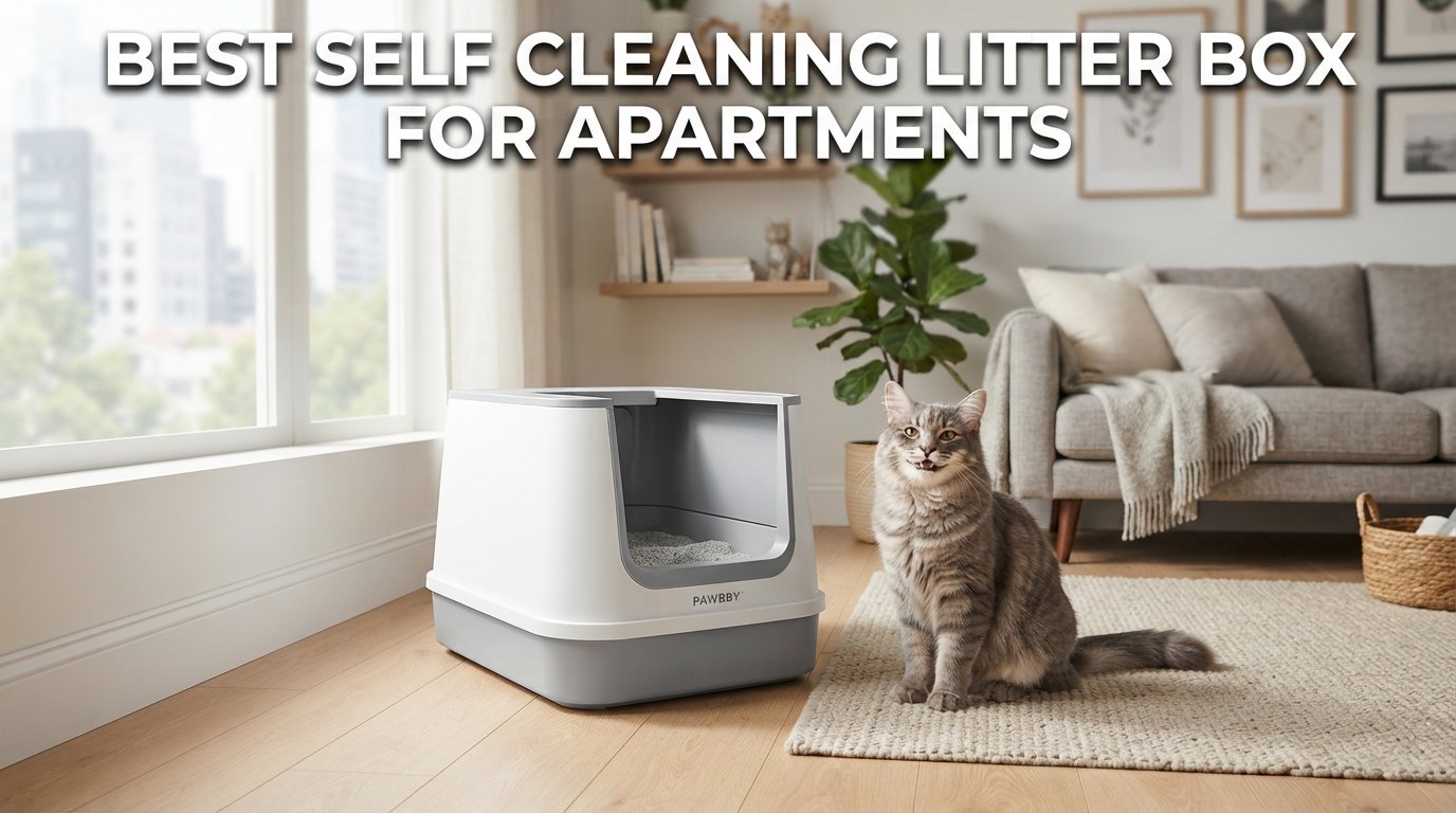 Best self cleaning litter box for apartments featuring a compact automatic litter box and a healthy indoor cat in a modern apartment.