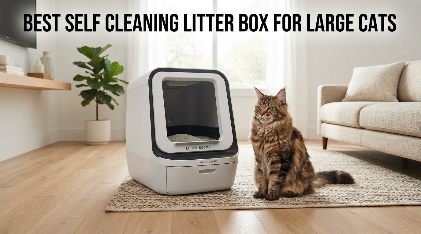 Best self cleaning litter box for large cats featuring a spacious automatic litter box and a large fluffy cat in a stylish home.