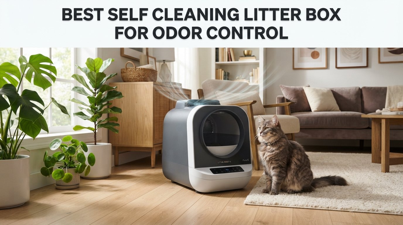 Best self cleaning litter box for odor control featuring an automatic litter box and a healthy indoor cat in a fresh, clean home.